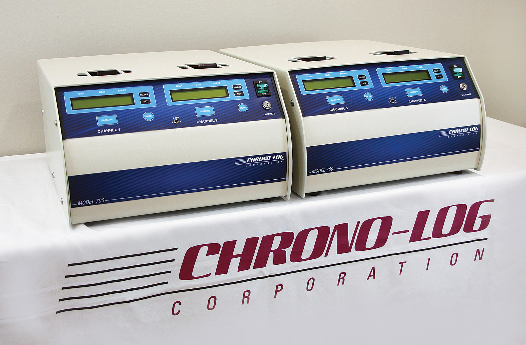 CHRONO-LOG_Model_700 Two CHRONO-LOG Model 700 Whole Blood and Optical Lumi-Aggregometers on display