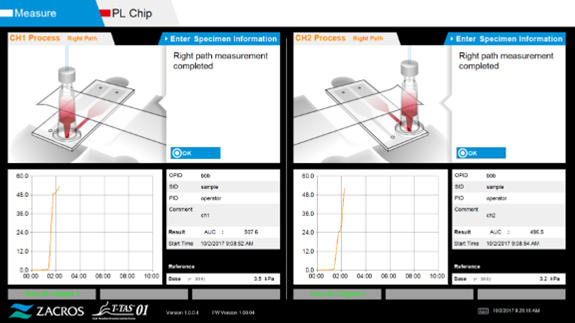 T-TAS01 thrombus formation PL Chip Measurement screen